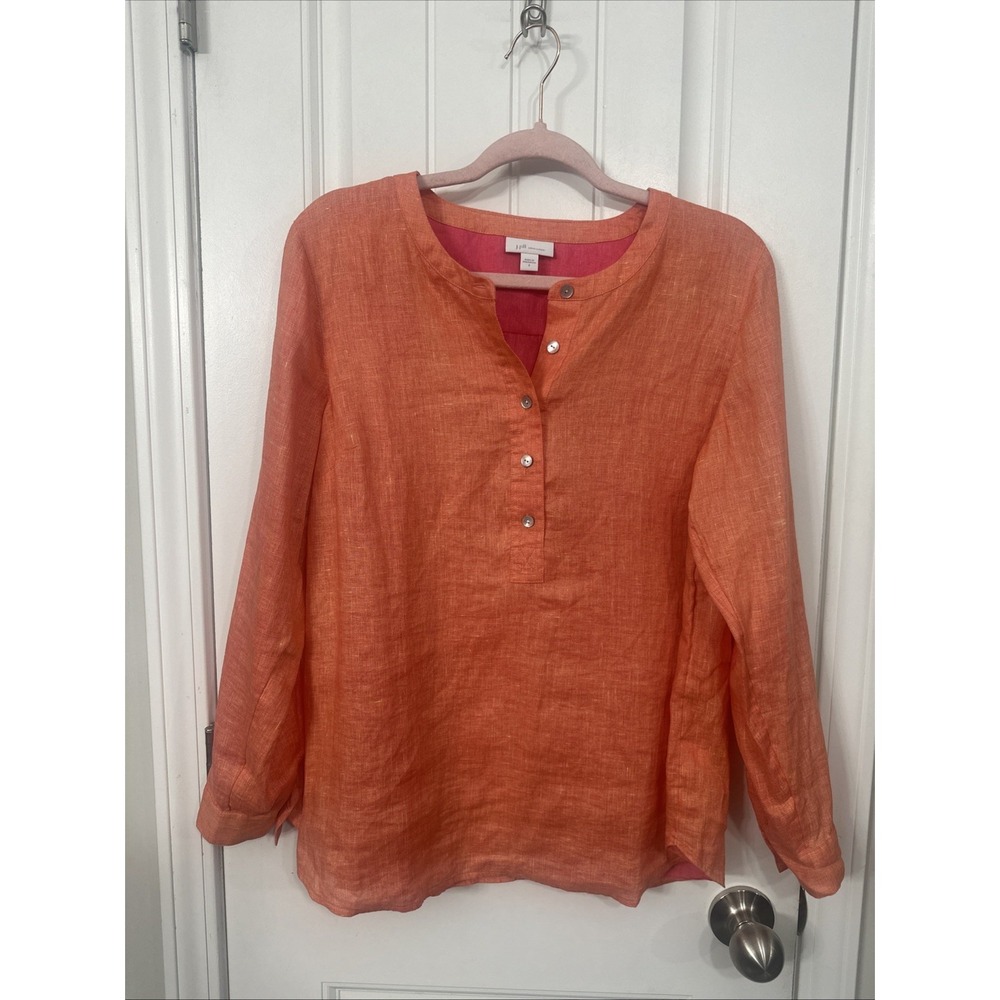 J. Jill Orange Linen Long Sleeve Half Button Front Vacation Resort Cruise Top S